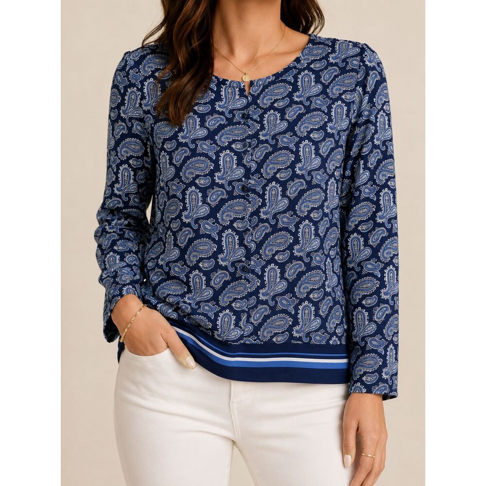Michael Kors Blue Paisley Long Sleeve Blouse Top Medium Boho Preppy Contrast Hem